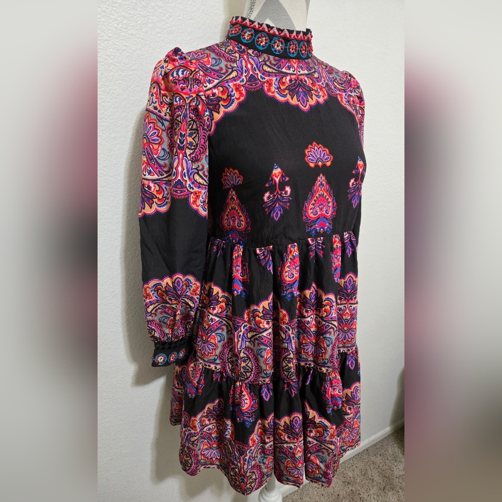 Anthropologie Boho Paisley Print Mock Neck Long Sleeve Mini Dress Size 0P - Picture 5 of 16